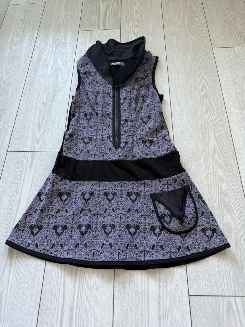 Kollontai dress black purple damask half zip mini flared sleeveless small summer